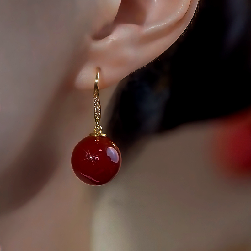 14K Gold-Plated Elegant Zircon Red Pearl Ear Hooks