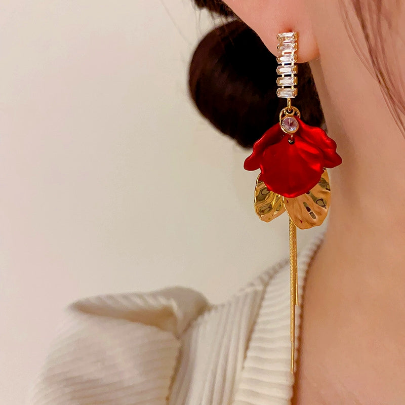 14K Gold-Plated Elegant Zircon Red Petal Earrings
