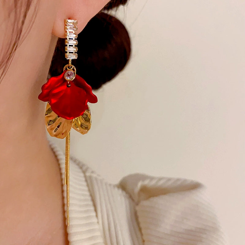 14K Gold-Plated Elegant Zircon Red Petal Earrings