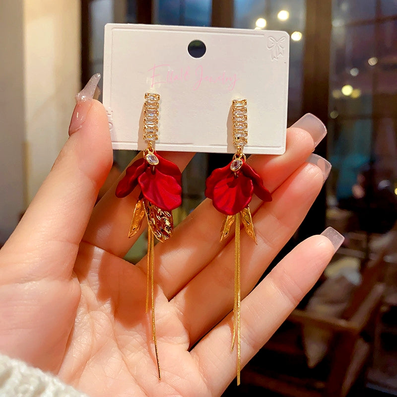 14K Gold-Plated Elegant Zircon Red Petal Earrings
