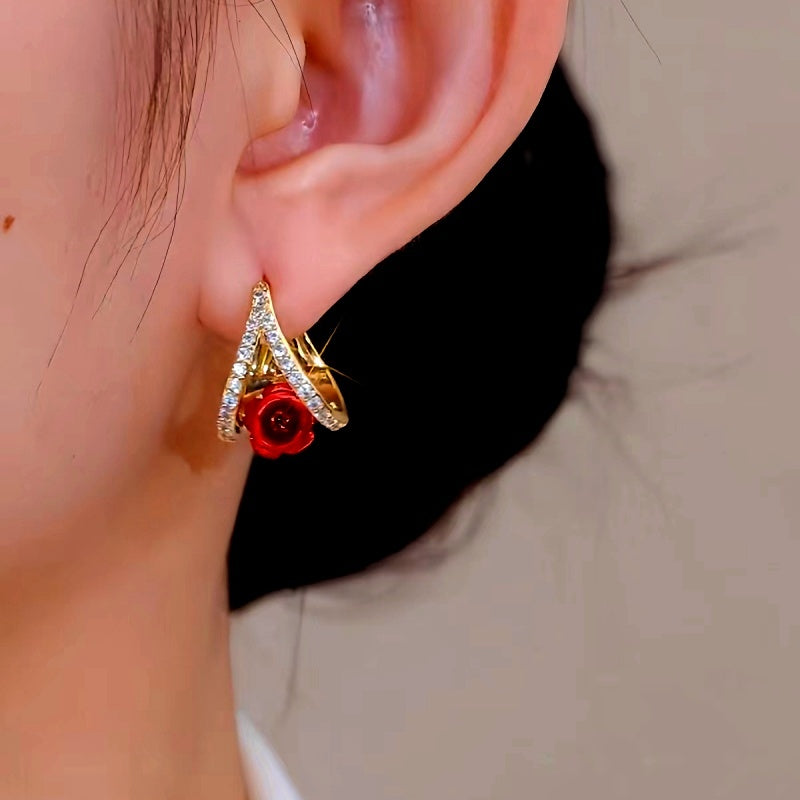 14K Gold-Plated Elegant Zircon Red Rose Earrings