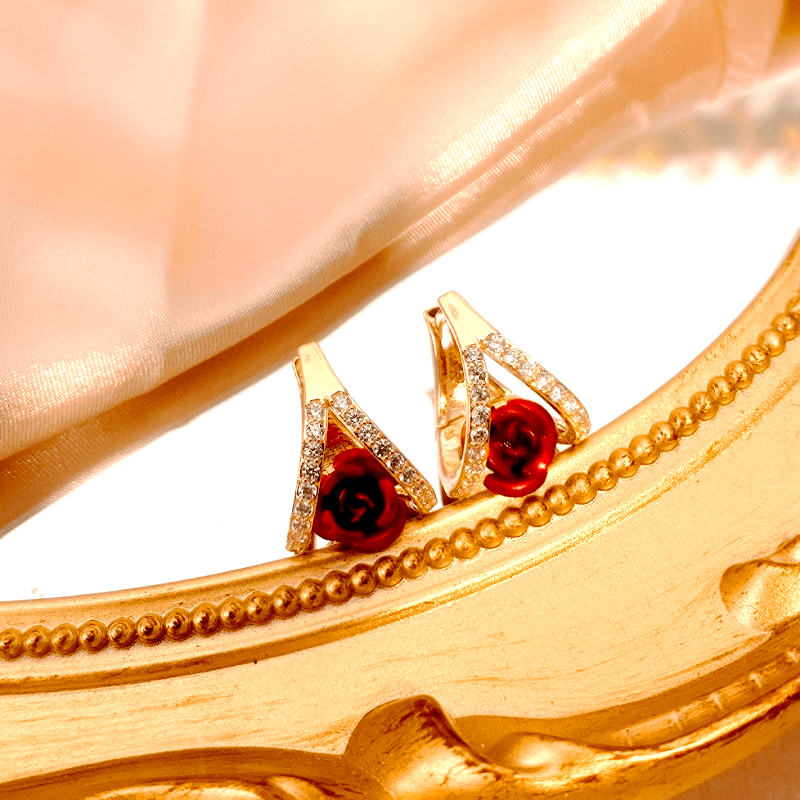 14K Gold-Plated Elegant Zircon Red Rose Earrings