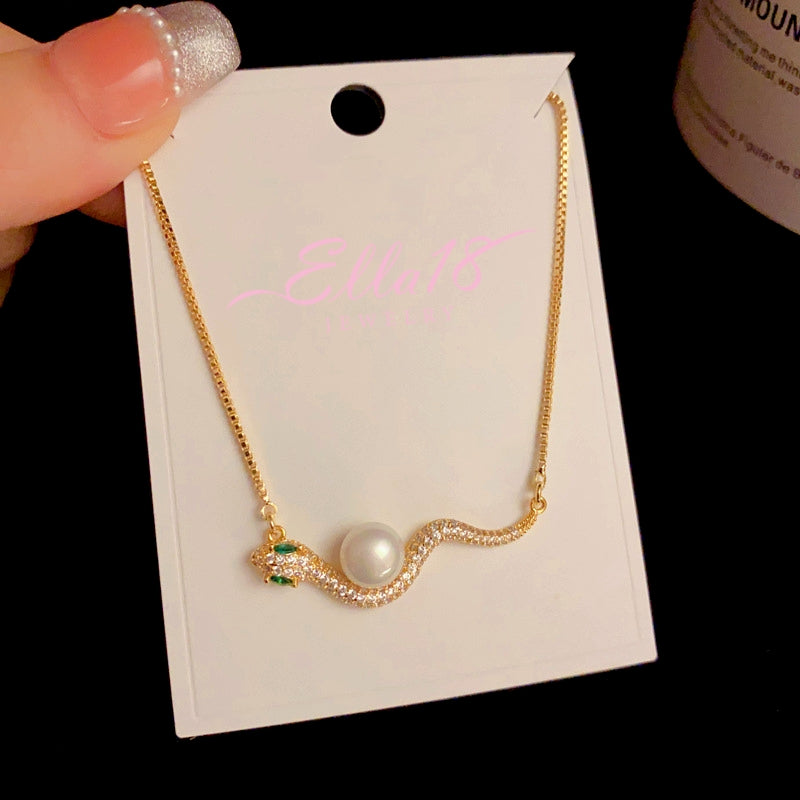 14K Gold-Plated Elegant Zircon Ripple Pearl Snake Necklace