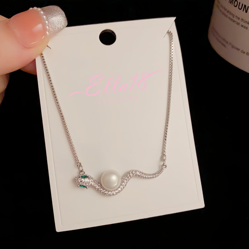 14K Gold-Plated Elegant Zircon Ripple Pearl Snake Necklace