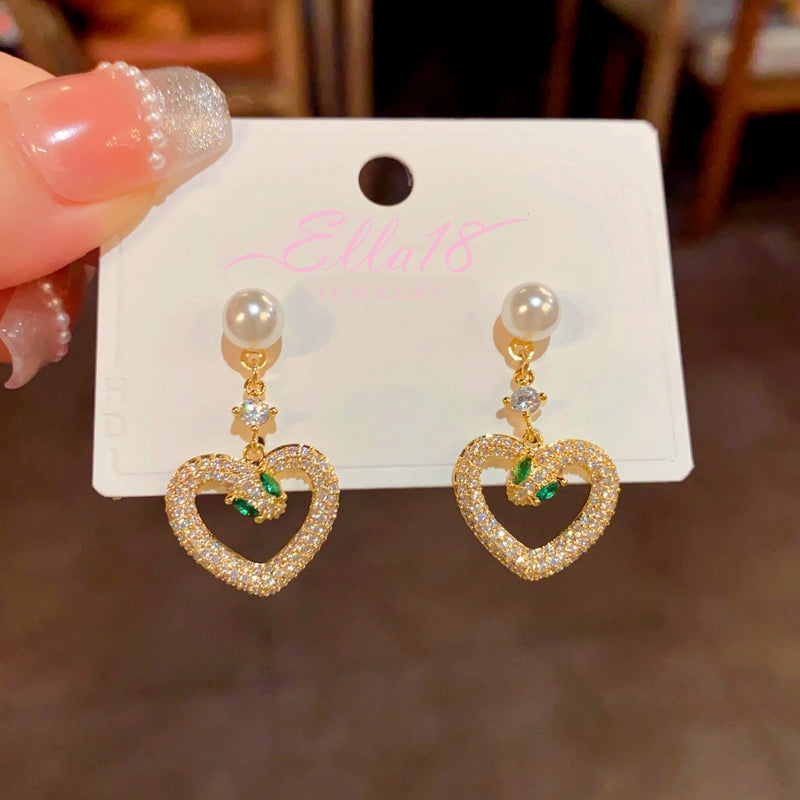 14K Gold-Plated Elegant Zircon Snake-Heart Pearl Earrings