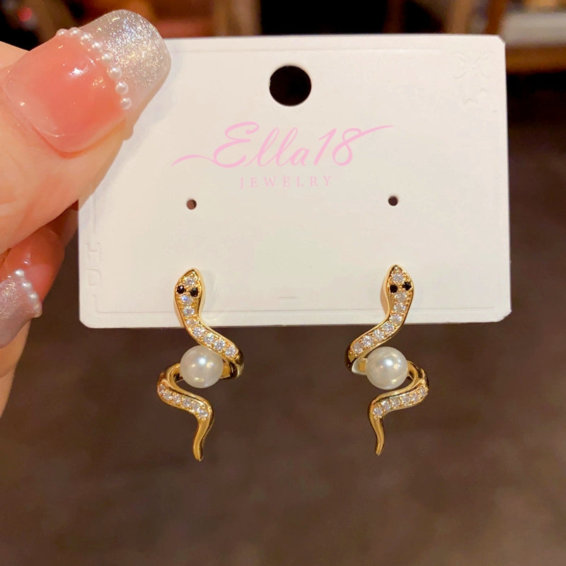 14K Gold-Plated Elegant Zircon Snake-Shaped Pearl Earrings