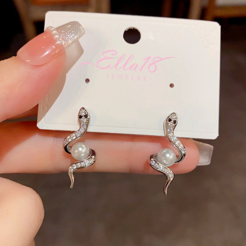 14K Gold-Plated Elegant Zircon Snake-Shaped Pearl Earrings