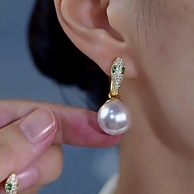 14K Gold-Plated Elegant Zircon Snake White Pearl Earrings
