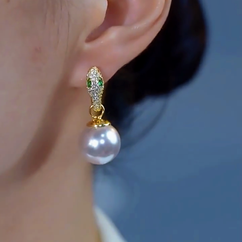 14K Gold-Plated Elegant Zircon Snake White Pearl Earrings
