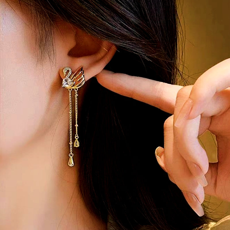 14K Gold-Plated Elegant Zircon Swan Tassel Earrings