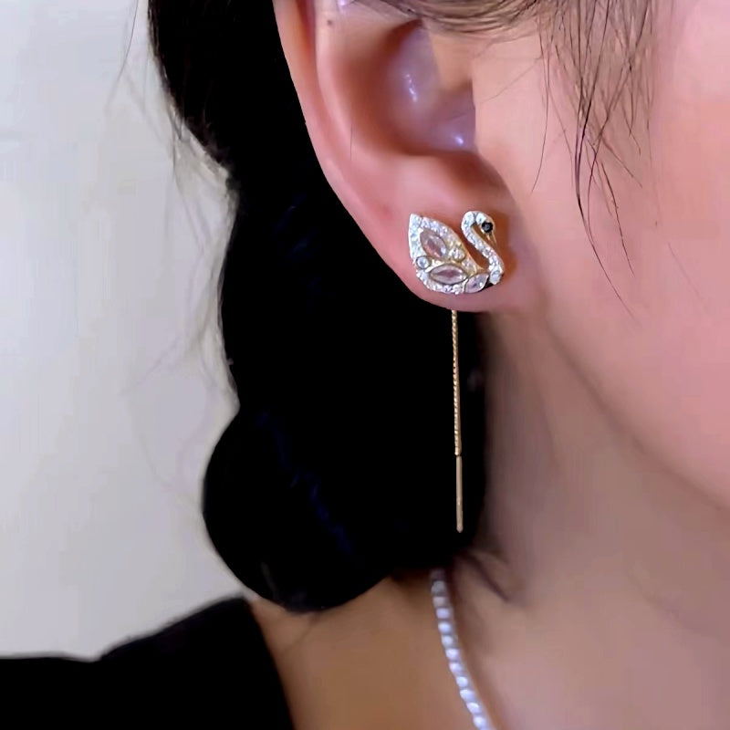 14K Gold-Plated Elegant Zircon Swan Threader Earrings
