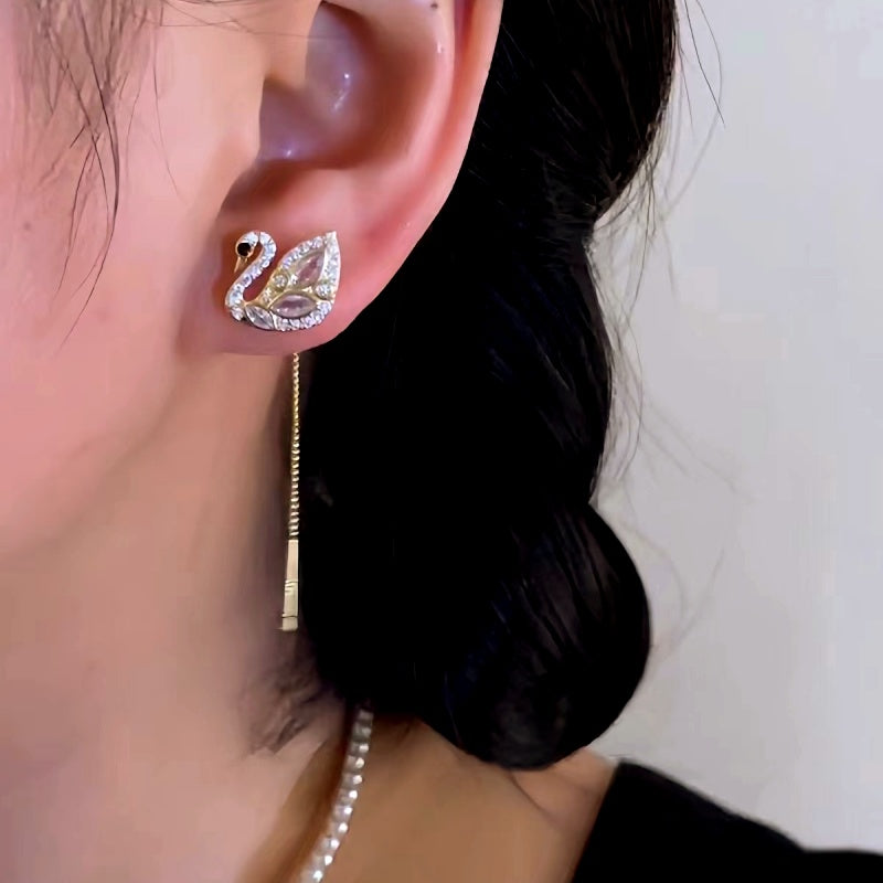 14K Gold-Plated Elegant Zircon Swan Threader Earrings