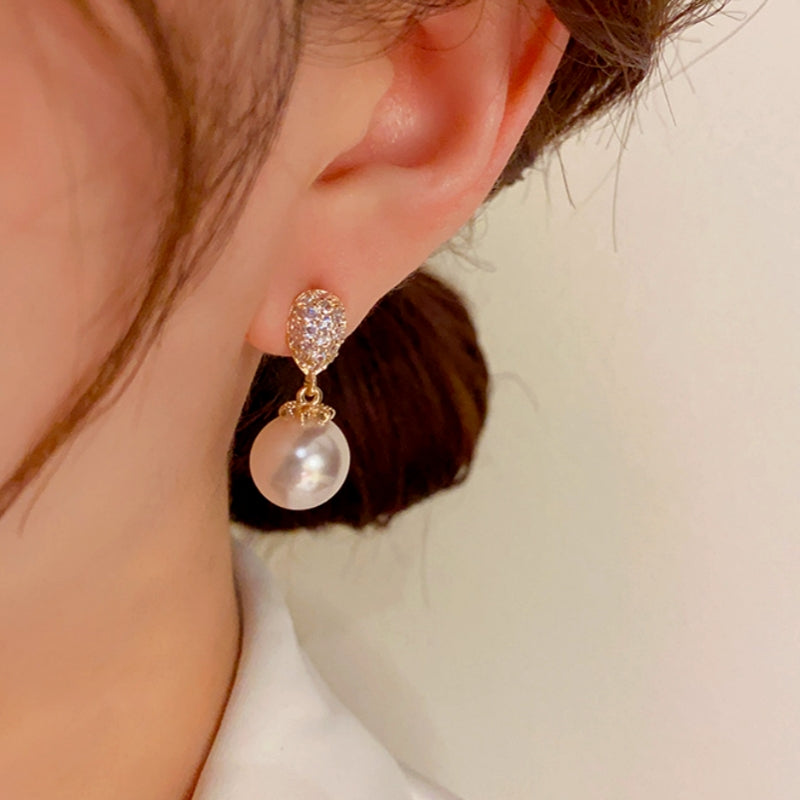 14K Gold-Plated Elegant Zircon TearDrop-Shaped Pearl Earrings