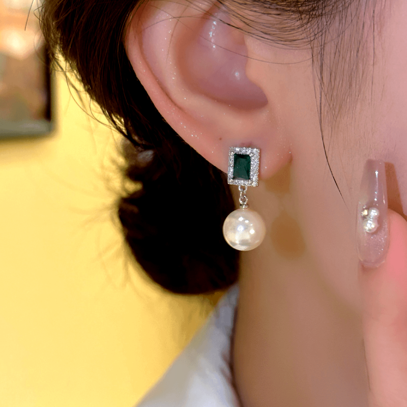 14K Gold-Plated Emerald Cube Pearl Earrings