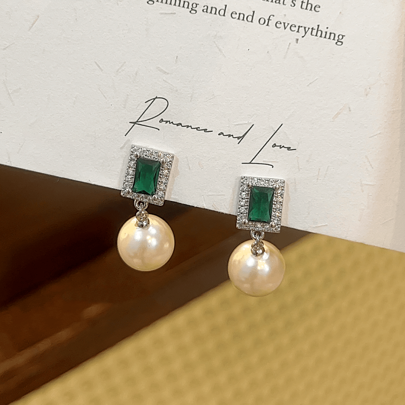14K Gold-Plated Emerald Cube Pearl Earrings