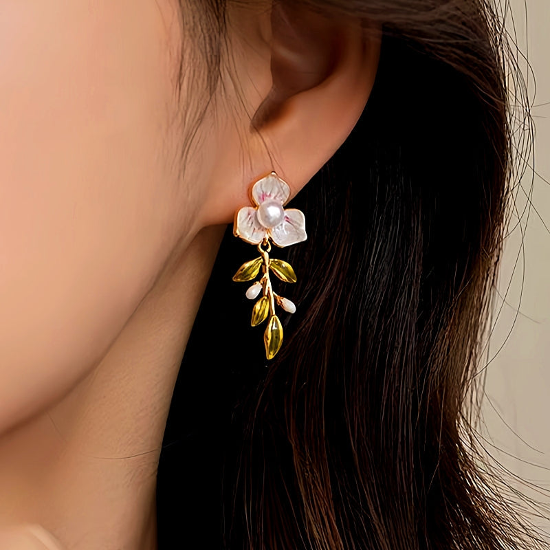 18K Gold-Plated Enamel Oil-Drop Flower Pearl Earrings