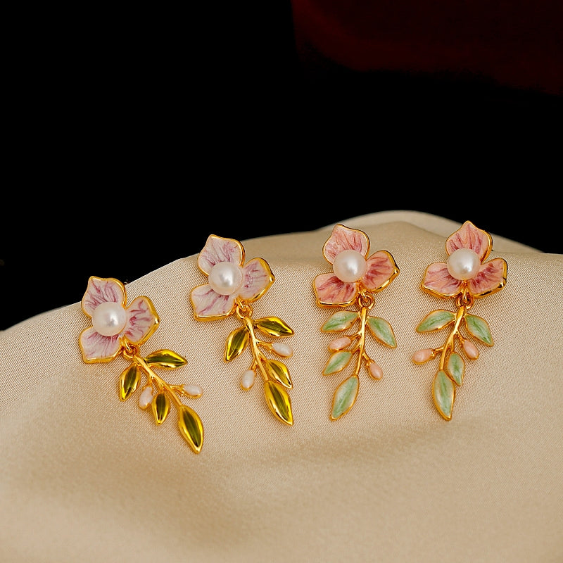 18K Gold-Plated Enamel Oil-Drop Flower Pearl Earrings