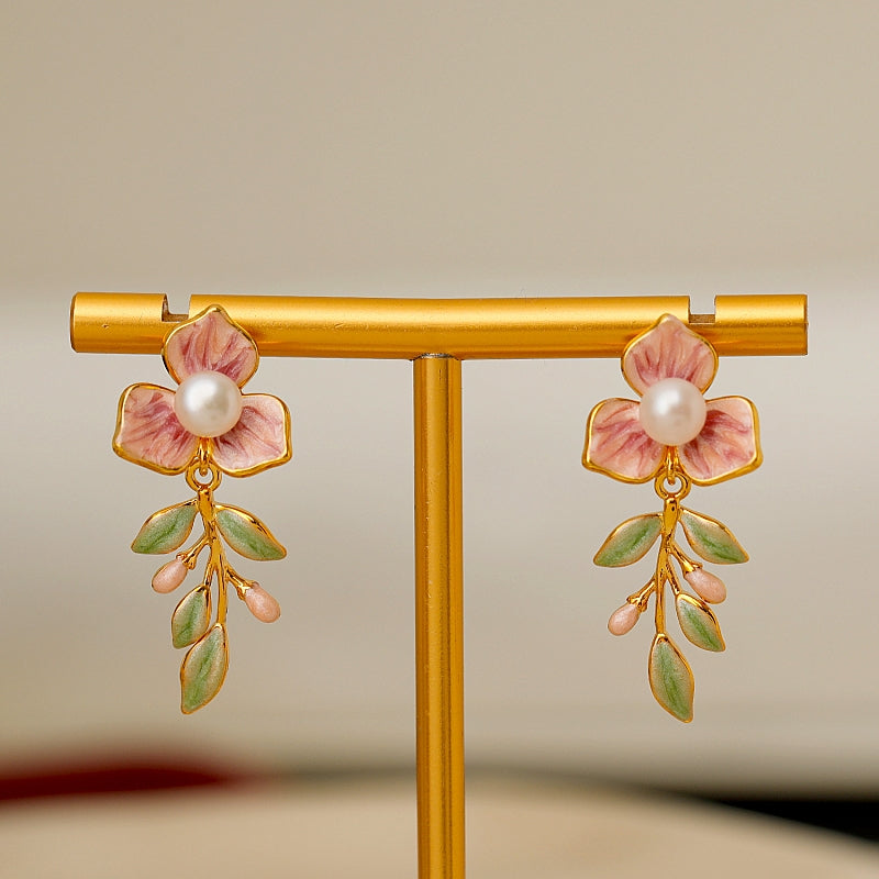 18K Gold-Plated Enamel Oil-Drop Flower Pearl Earrings