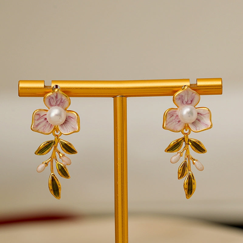 18K Gold-Plated Enamel Oil-Drop Flower Pearl Earrings