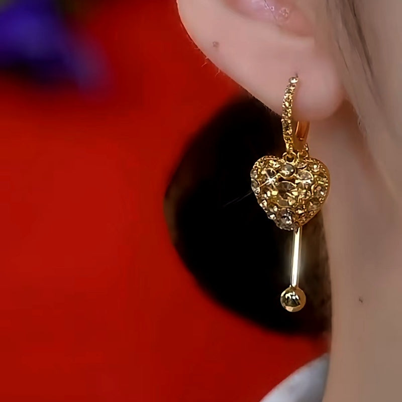 14K Gold-Plated Exquisite Crystal Heart Tassel Earrings