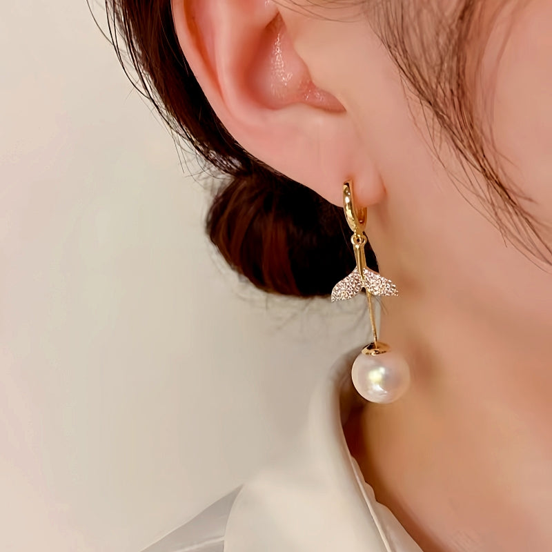 14K Gold-Plated Exquisite Diamond-Filled Fishtail Pearl Tassel Earrings