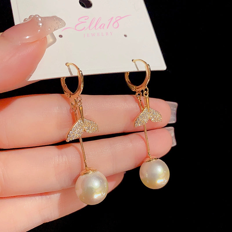 14K Gold-Plated Exquisite Diamond-Filled Fishtail Pearl Tassel Earrings