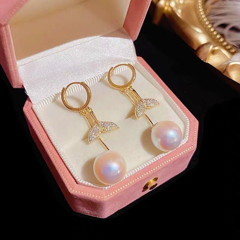 14K Gold-Plated Exquisite Diamond-Filled Fishtail Pearl Tassel Earrings