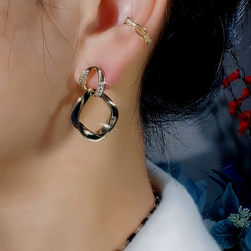 14K Gold-Plated Exquisite Diamond Double-Layer Interlocking Earrings