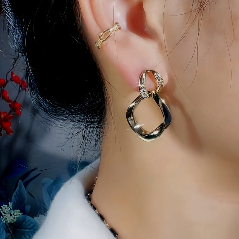 14K Gold-Plated Exquisite Diamond Double-Layer Interlocking Earrings