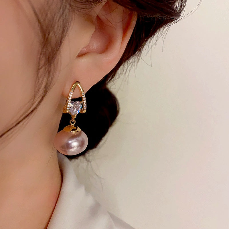 14K Gold-Plated Exquisite Pearl Zircon Heart Earrings