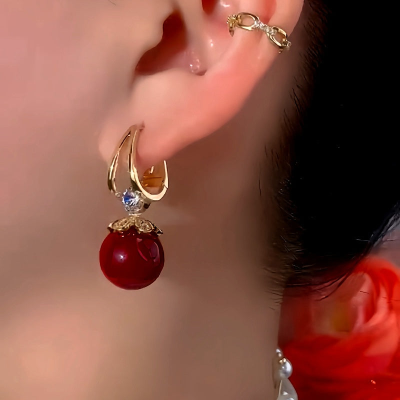 14K Gold-Plated Exquisite Red Classic Pearl Earrings