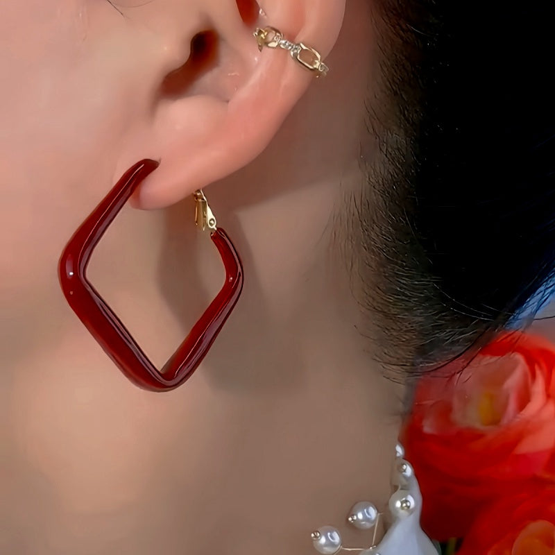14K Gold-Plated Exquisite Red Oil Drop Square Earrings