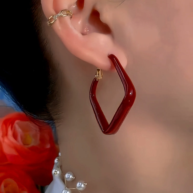 14K Gold-Plated Exquisite Red Oil Drop Square Earrings