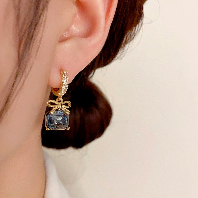 14K Gold-Plated Exquisite Square Diamond Bow Zircon Earrings