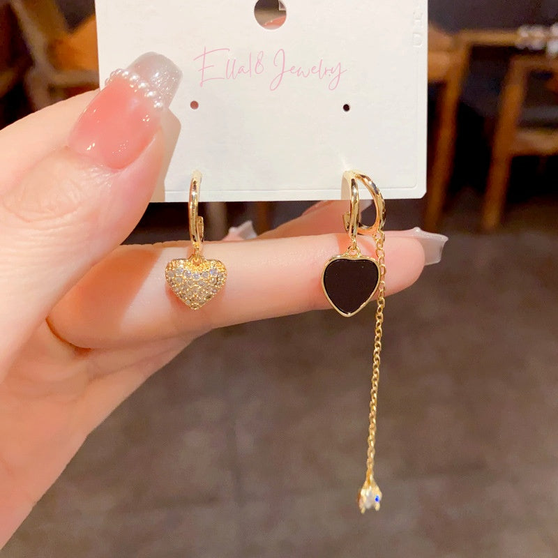 14K Gold-Plated Exquisite Zircon Asymmetrical Heart-Design Earrings