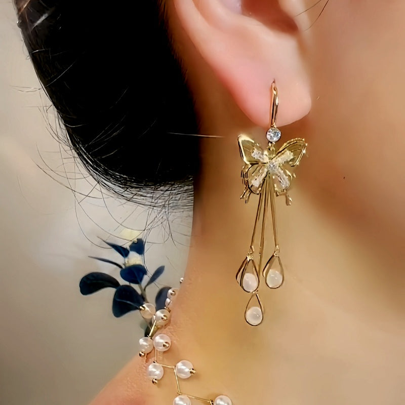 14K Gold-Plated Exquisite Zircon Butterfly Crystal Ear Hook Tassel Earrings