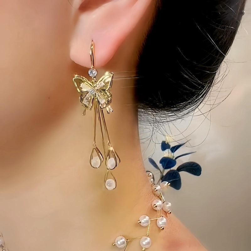 14K Gold-Plated Exquisite Zircon Butterfly Crystal Ear Hook Tassel Earrings