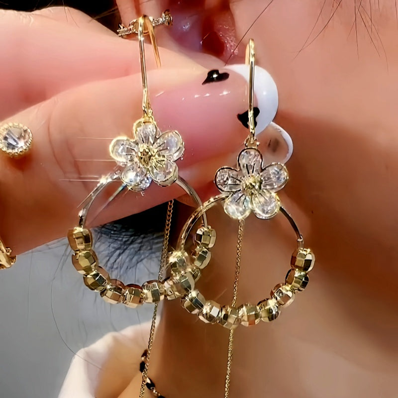 14K Gold-Plated Exquisite Zircon Flower threader Tassel Earrings