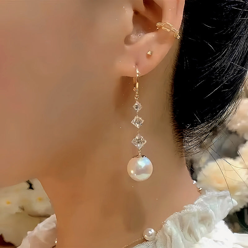 14K Gold-Plated Exquisite Zircon Pearl Tassel Earrings