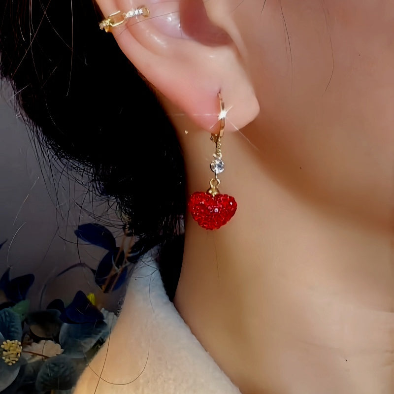 14K Gold-Plated Exquisite Zircon Red Heart Earrings