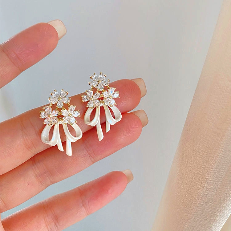 14K Gold-Plated Flower Bow Ribbon Earrings