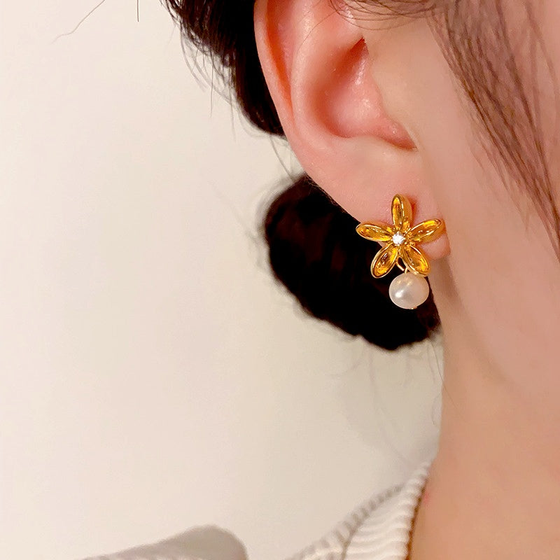 14K Gold-Plated Flower Hanging Pearl Earrings