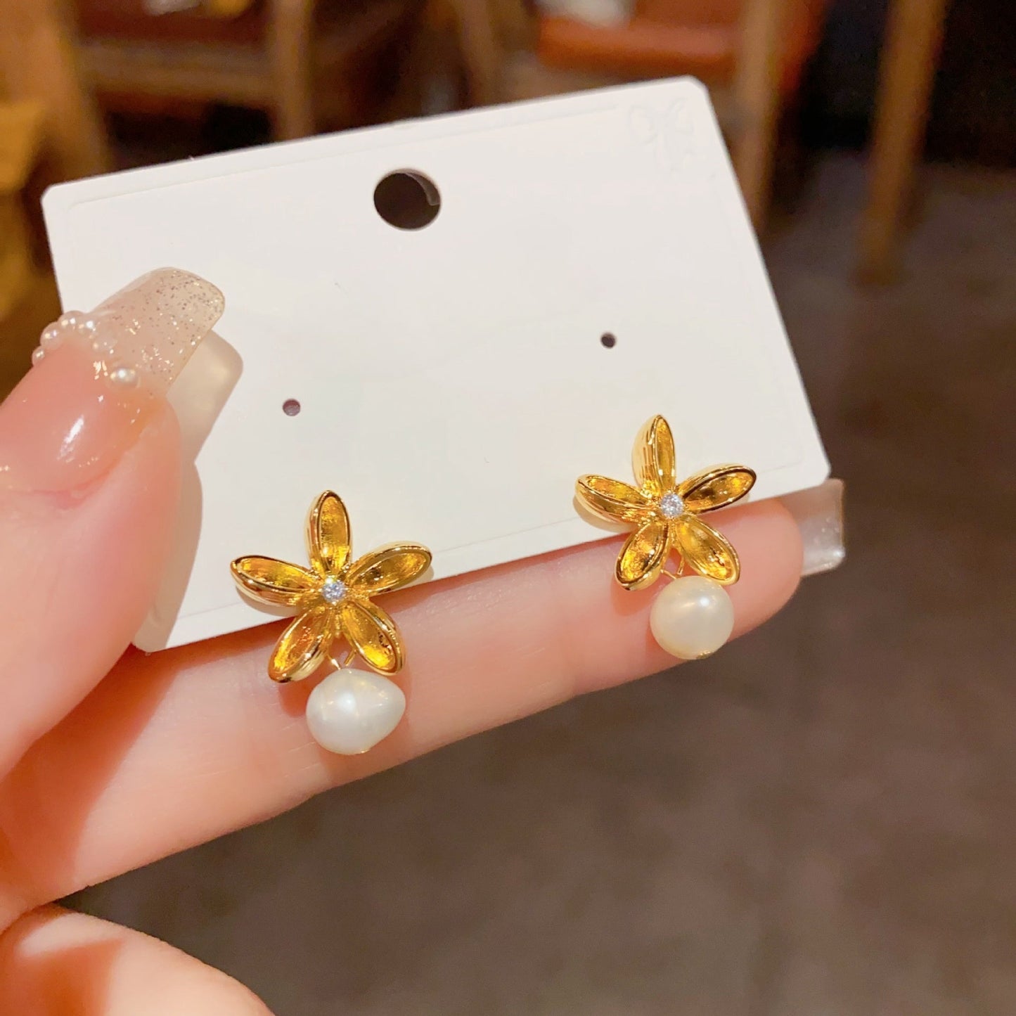 14K Gold-Plated Flower Hanging Pearl Earrings