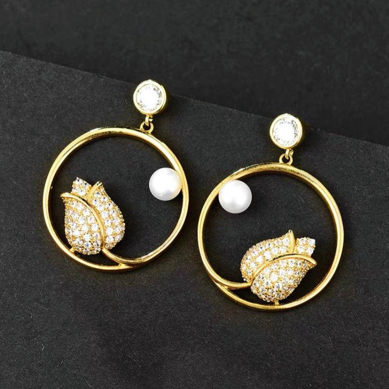 14K Gold-Plated Flower Pearl Earrings