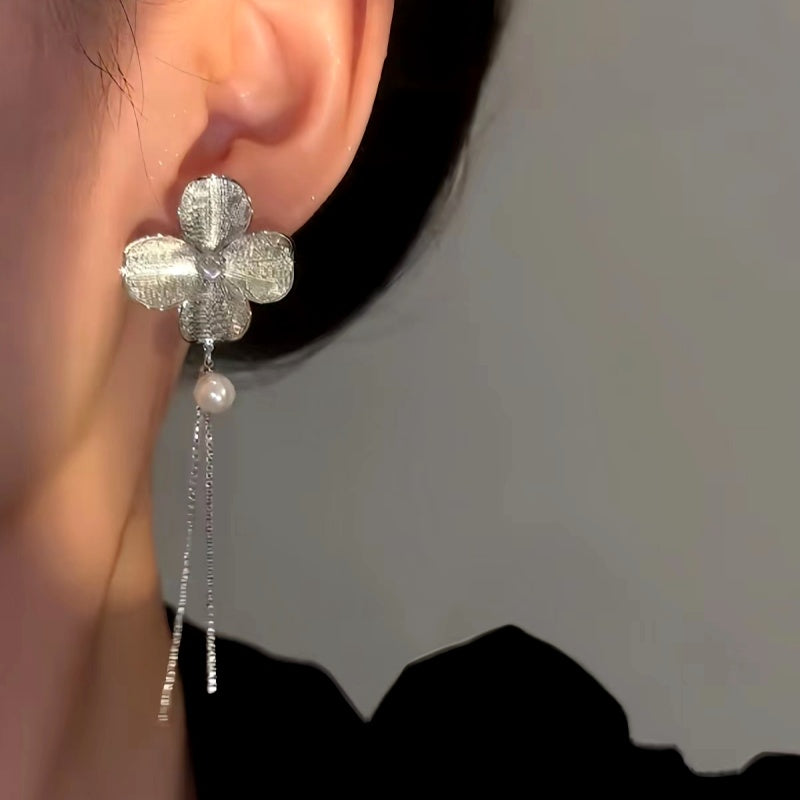 14K Gold-Plated Four-Leaf Clover Bead Tassel Earrings