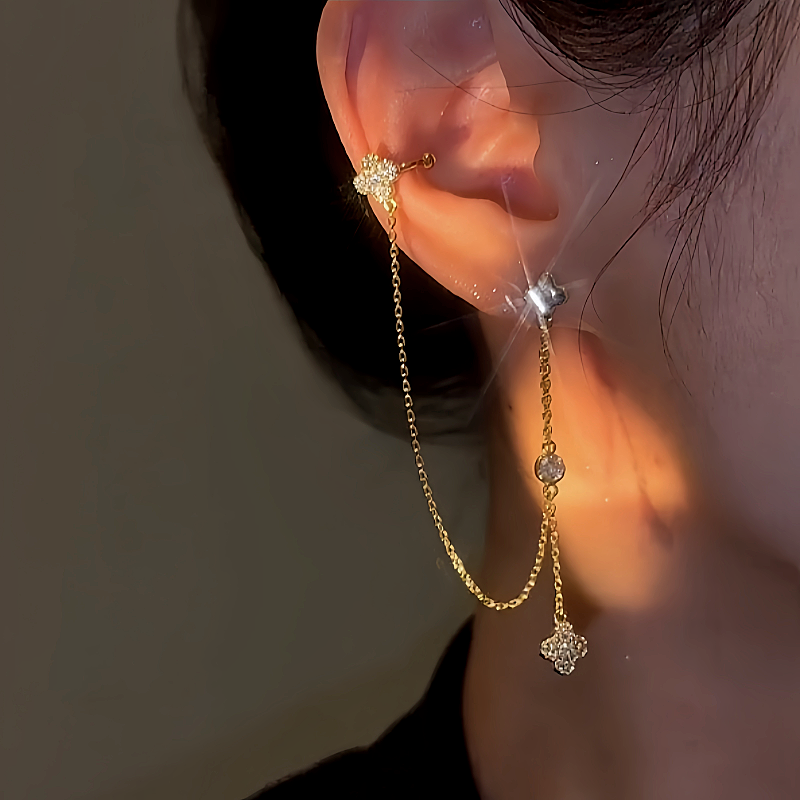 14K Gold-Plated Four-Leaf Clover Tassel Ear Clip Earrings