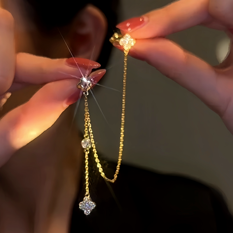 14K Gold-Plated Four-Leaf Clover Tassel Ear Clip Earrings
