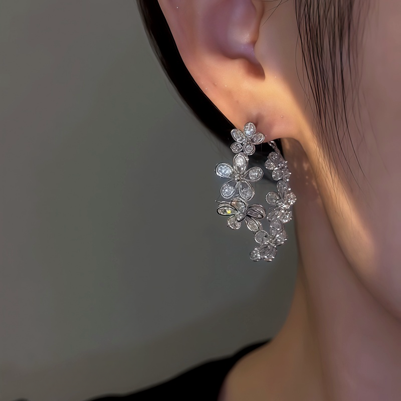 14K Gold-Plated Front And Back Zircon Flower Earrings