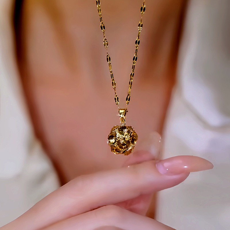 14K Gold-Plated Golden Zircon Diamond Ball Crystal Pendat Necklaces
