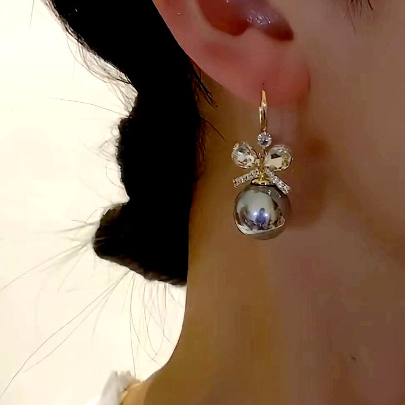 14K Gold-Plated Gray Pearl Bow Earrings